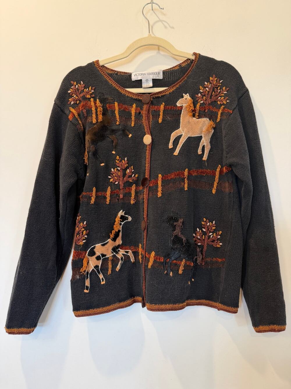 Vtg knit horse cardigan sweater M ramie cotton fringe cottagecore farm animal